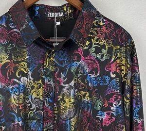 ZEROYAA Men's Metallic On Black Printed XL LongSleeve Button Dress Shirt Rainbow